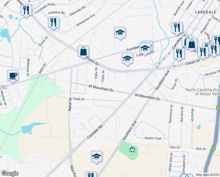 map of restaurants, bars, coffee shops, grocery stores, and more near 700 West Mountain Drive in Fayetteville