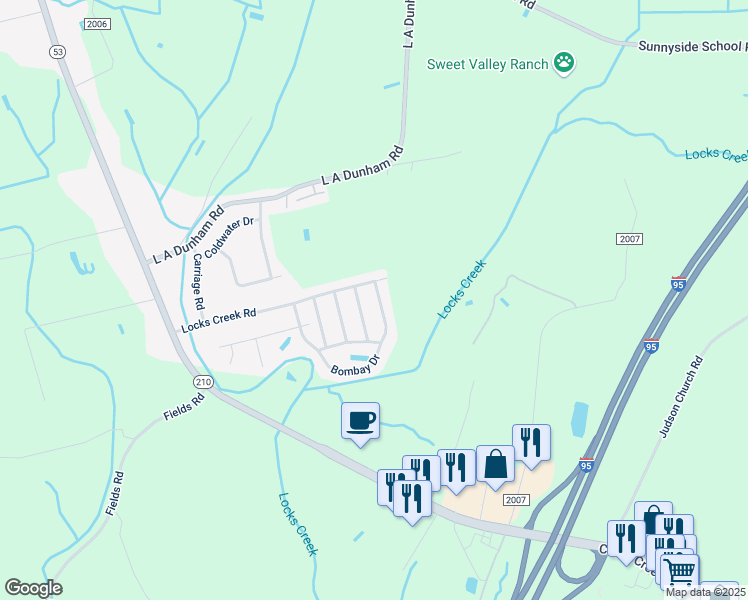 map of restaurants, bars, coffee shops, grocery stores, and more near 1012 Bombay Drive in Fayetteville