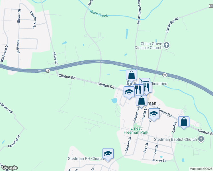 map of restaurants, bars, coffee shops, grocery stores, and more near Highway 24 in Stedman