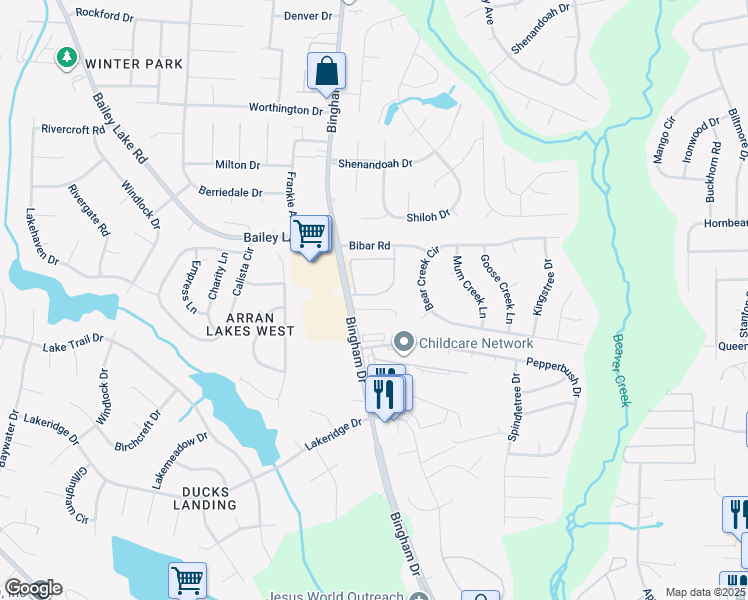 map of restaurants, bars, coffee shops, grocery stores, and more near 1720 Renwick Drive in Fayetteville