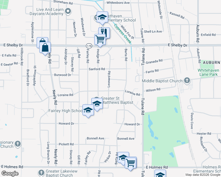 map of restaurants, bars, coffee shops, grocery stores, and more near 4850 Leonard Road in Memphis
