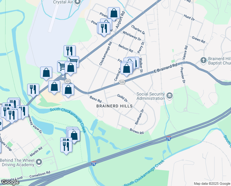 map of restaurants, bars, coffee shops, grocery stores, and more near 311 Guild Drive in Chattanooga