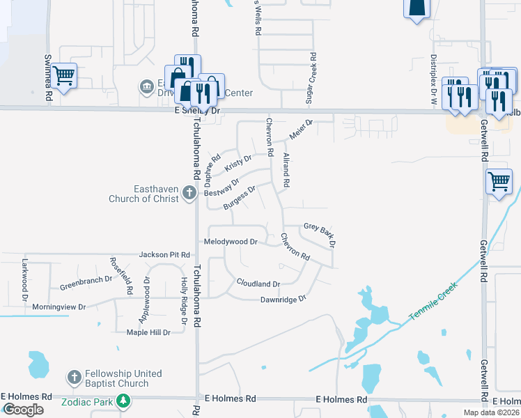 map of restaurants, bars, coffee shops, grocery stores, and more near 4851 Shulman Cove in Memphis