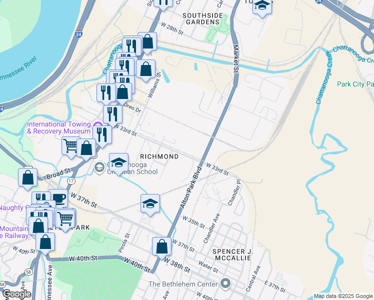 map of restaurants, bars, coffee shops, grocery stores, and more near 3217 Alton Park Boulevard in Chattanooga