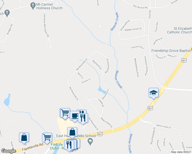 map of restaurants, bars, coffee shops, grocery stores, and more near 101 Dolores Court in Raeford