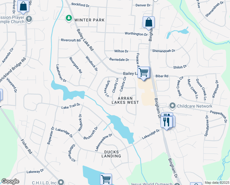 map of restaurants, bars, coffee shops, grocery stores, and more near 1735 Charity Lane in Fayetteville
