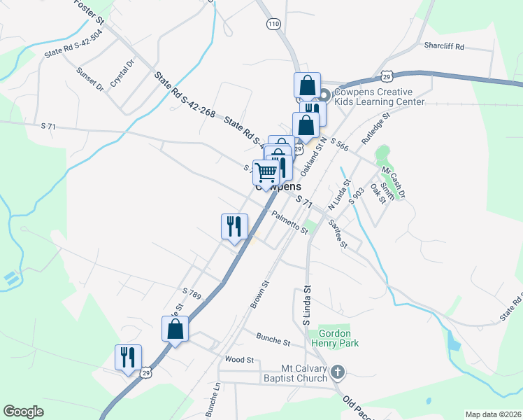 map of restaurants, bars, coffee shops, grocery stores, and more near 5291 U.S. 29 in Cowpens