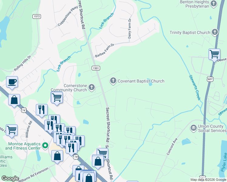 map of restaurants, bars, coffee shops, grocery stores, and more near 2605 Kimberly Drive in Monroe
