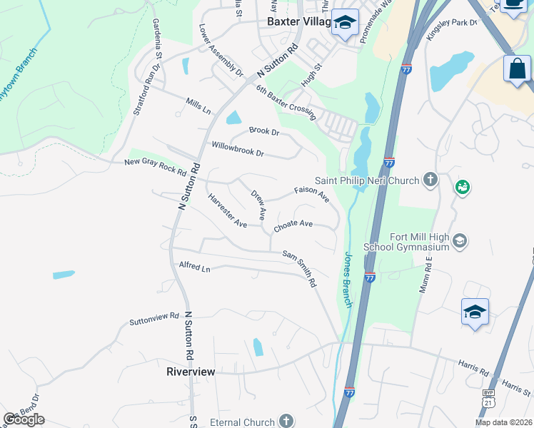 map of restaurants, bars, coffee shops, grocery stores, and more near 731 Drew Avenue in Fort Mill