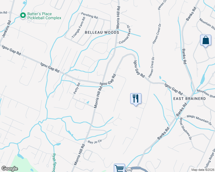 map of restaurants, bars, coffee shops, grocery stores, and more near 8706 Igou Gap Road in Chattanooga