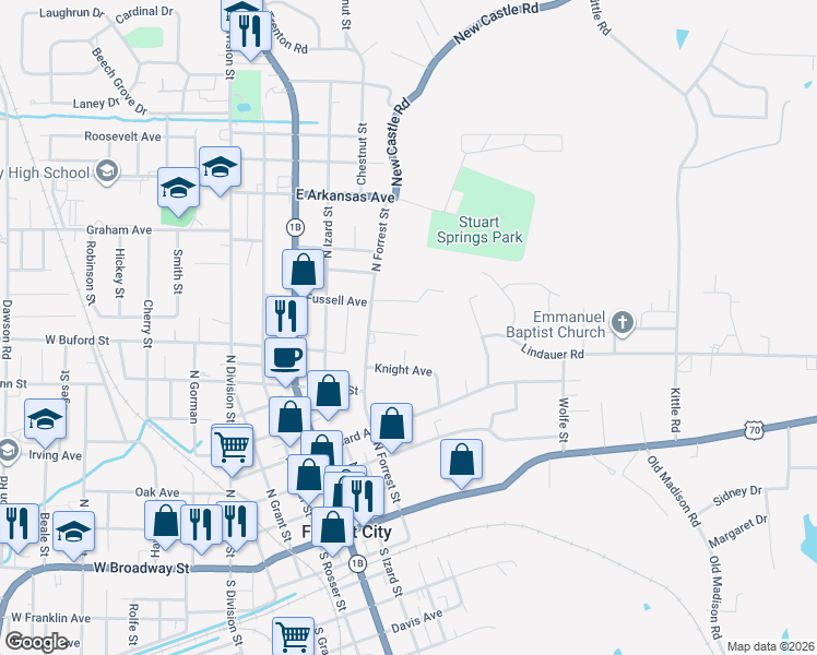 map of restaurants, bars, coffee shops, grocery stores, and more near 2 Forrest Cove in Forrest City