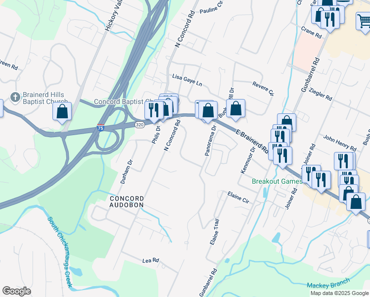 map of restaurants, bars, coffee shops, grocery stores, and more near 1215 King Arthur Road in Chattanooga