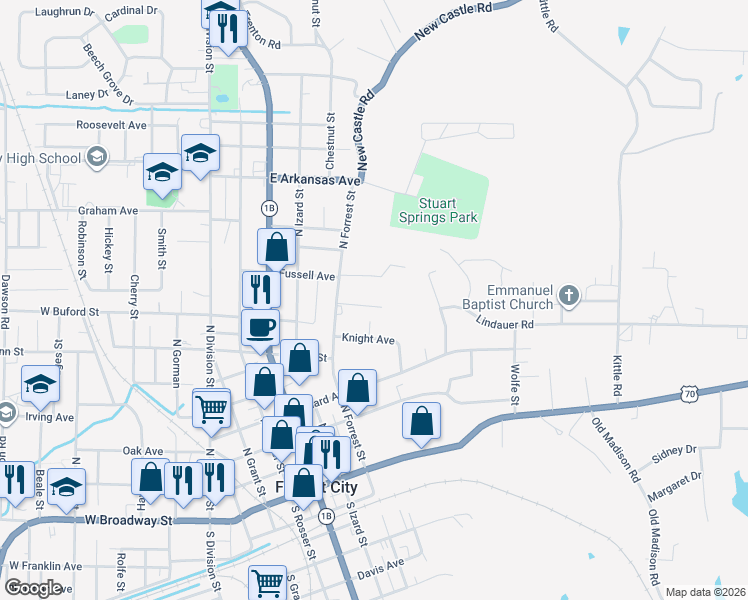 map of restaurants, bars, coffee shops, grocery stores, and more near 2 Forrest Cove in Forrest City