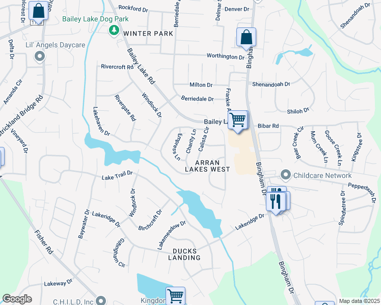 map of restaurants, bars, coffee shops, grocery stores, and more near 1735 Charity Lane in Fayetteville