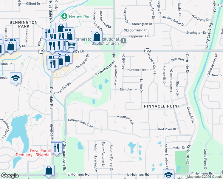 map of restaurants, bars, coffee shops, grocery stores, and more near 7201 Nicholas Lane in Memphis