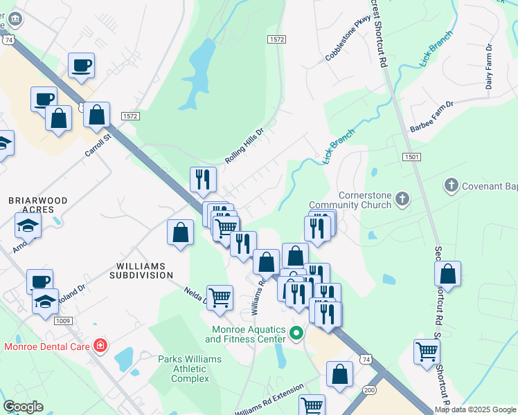 map of restaurants, bars, coffee shops, grocery stores, and more near 2507 Foxmoor Drive in Monroe