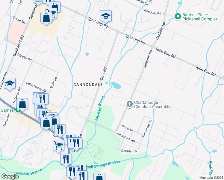 map of restaurants, bars, coffee shops, grocery stores, and more near 8256 Chula Creek Road in Chattanooga