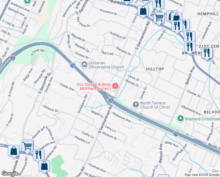 map of restaurants, bars, coffee shops, grocery stores, and more near 420 Broughton Street in Chattanooga