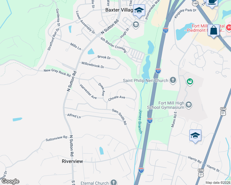 map of restaurants, bars, coffee shops, grocery stores, and more near 601 Panthers Way in Fort Mill