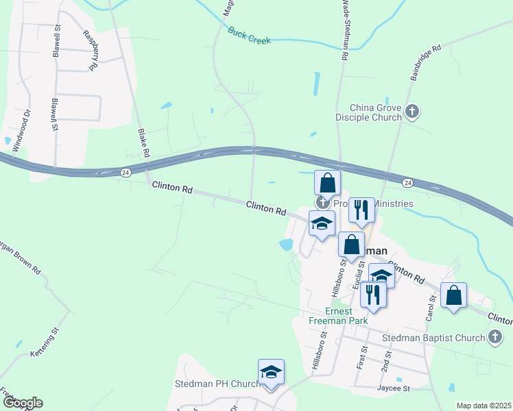 map of restaurants, bars, coffee shops, grocery stores, and more near State 24 in Stedman