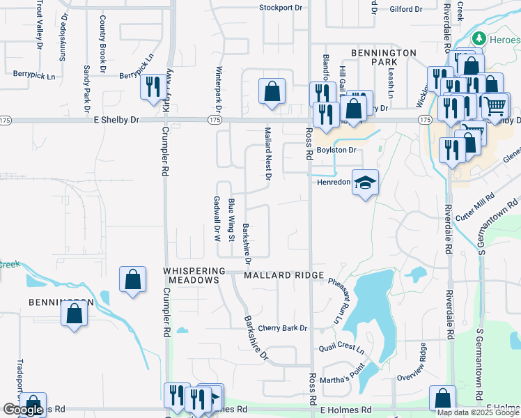 map of restaurants, bars, coffee shops, grocery stores, and more near 6609 Waders Ridge Drive in Memphis