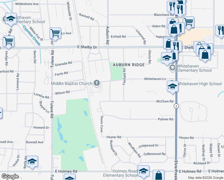 map of restaurants, bars, coffee shops, grocery stores, and more near 4858 Auburn Road in Memphis