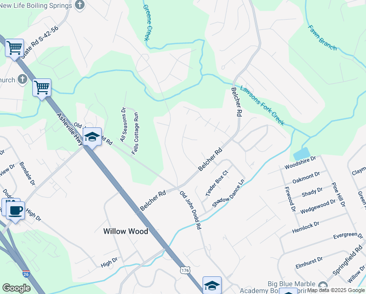 map of restaurants, bars, coffee shops, grocery stores, and more near 109-111 Hunter Drive in Boiling Springs