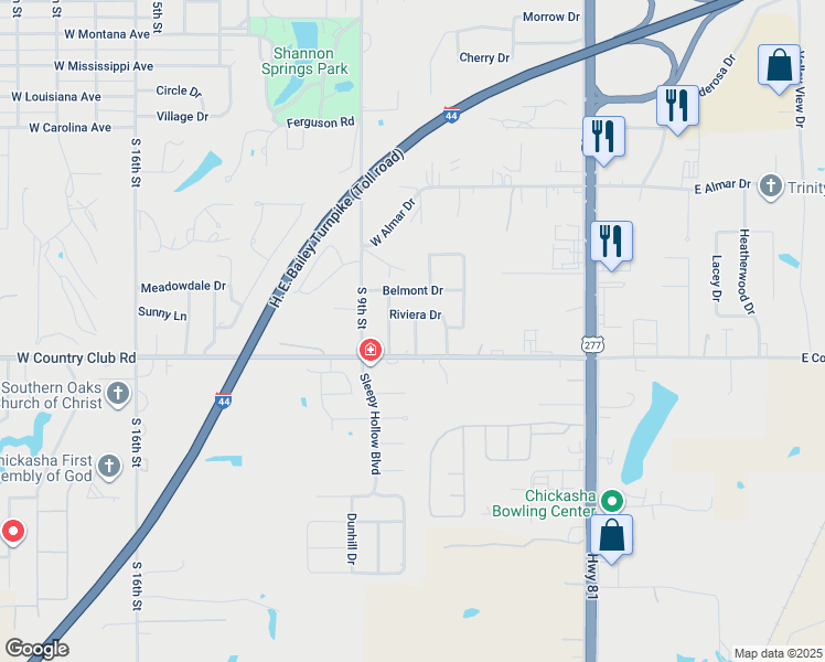 map of restaurants, bars, coffee shops, grocery stores, and more near 106 Arlington Road in Chickasha