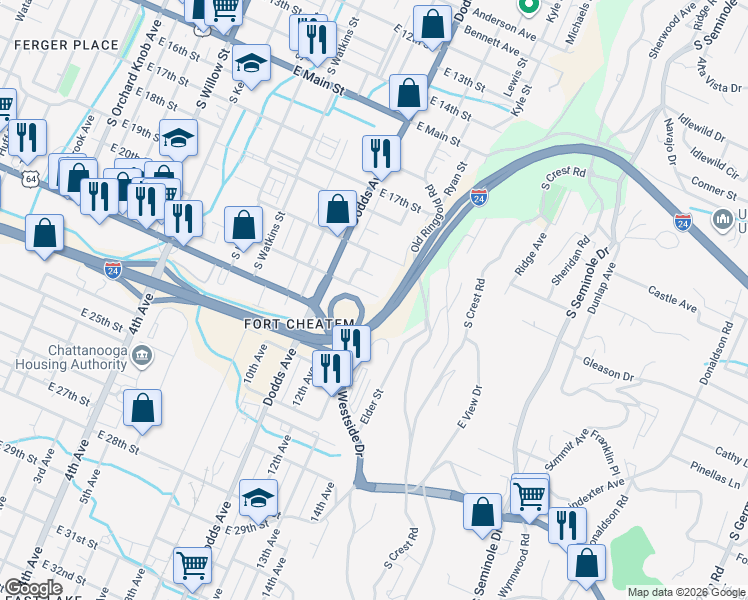 map of restaurants, bars, coffee shops, grocery stores, and more near 2704 East 21st Street in Chattanooga