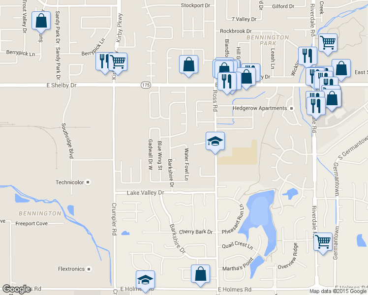 map of restaurants, bars, coffee shops, grocery stores, and more near 6617 Waders Ridge Drive in Memphis