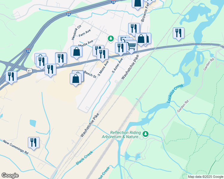 map of restaurants, bars, coffee shops, grocery stores, and more near 205 Wauhatchie Pike in Chattanooga