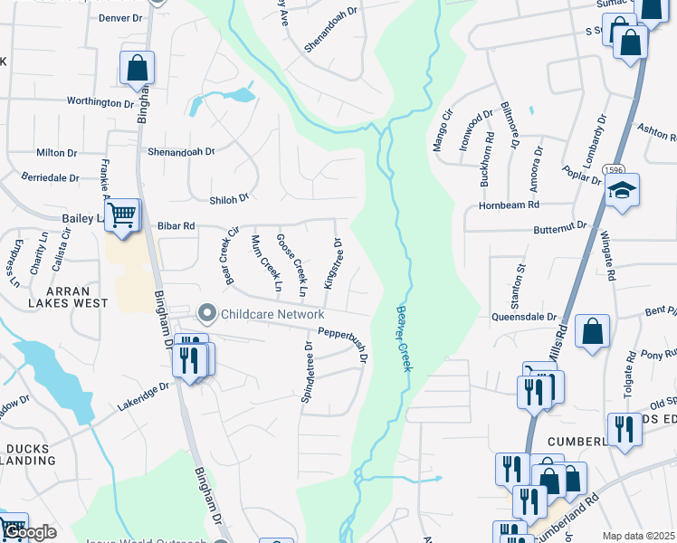 map of restaurants, bars, coffee shops, grocery stores, and more near 5630 Kingstree Drive in Fayetteville