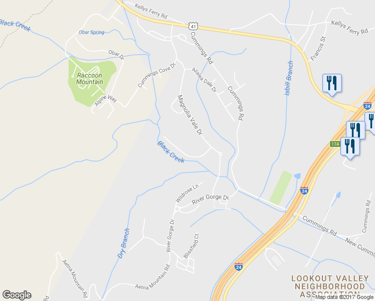 map of restaurants, bars, coffee shops, grocery stores, and more near 718 Black Creek Drive in Chattanooga