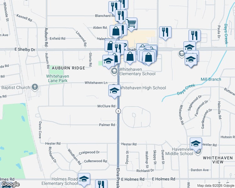 map of restaurants, bars, coffee shops, grocery stores, and more near 4855 Elvis Presley Boulevard in Memphis