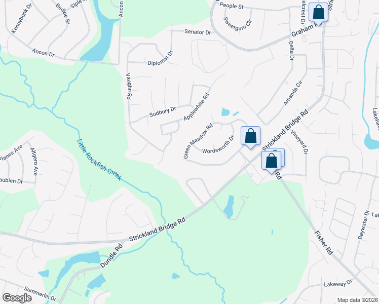map of restaurants, bars, coffee shops, grocery stores, and more near 6414 Green Meadow Road in Fayetteville