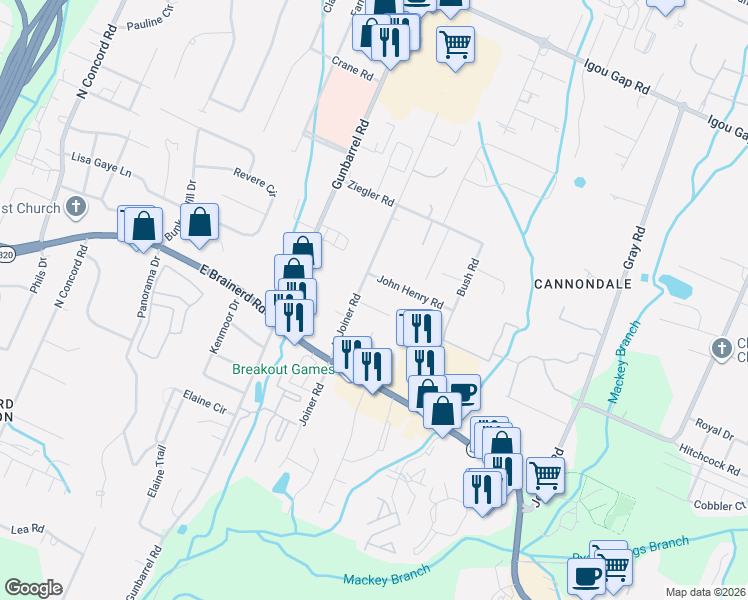map of restaurants, bars, coffee shops, grocery stores, and more near 7505 Clyde Road in Chattanooga