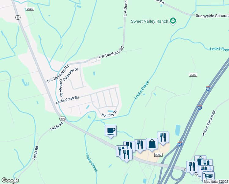 map of restaurants, bars, coffee shops, grocery stores, and more near 1008 Bombay Drive in Fayetteville