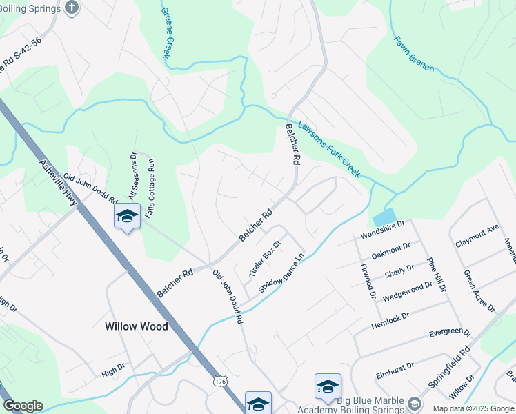 map of restaurants, bars, coffee shops, grocery stores, and more near 331 Belcher Road in Boiling Springs