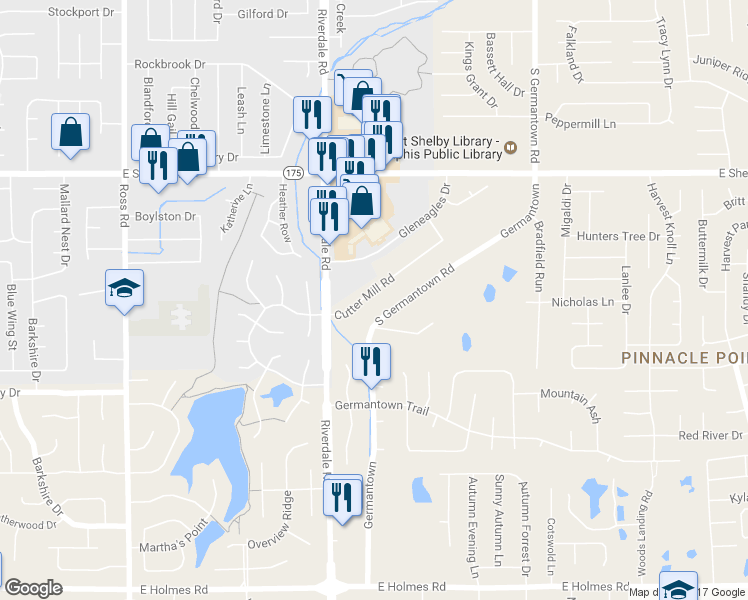 map of restaurants, bars, coffee shops, grocery stores, and more near 7017 Cutter Mill Road in Memphis