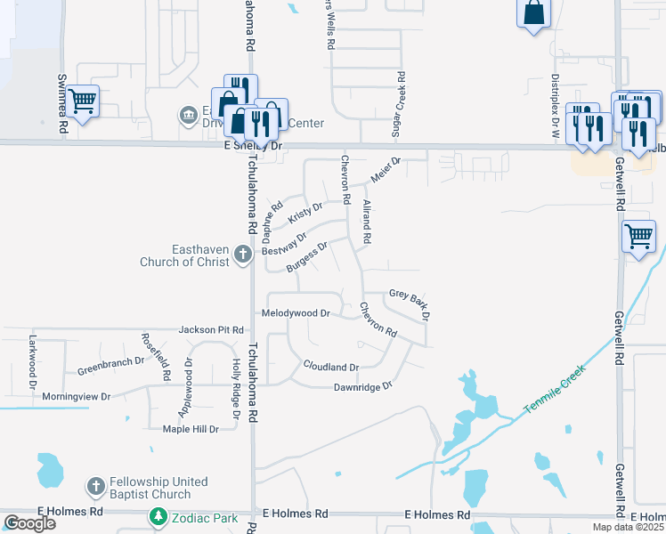 map of restaurants, bars, coffee shops, grocery stores, and more near 4851 Shulman Cove in Memphis
