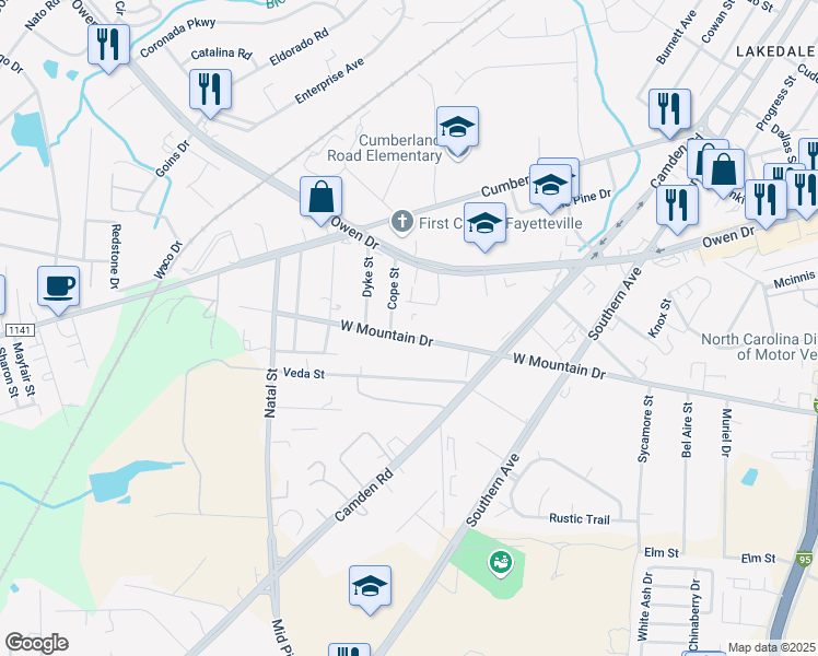 map of restaurants, bars, coffee shops, grocery stores, and more near 706 West Mountain Drive in Fayetteville