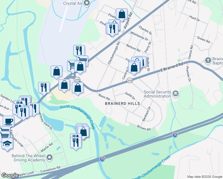 map of restaurants, bars, coffee shops, grocery stores, and more near 6150 East Brainerd Road in Chattanooga