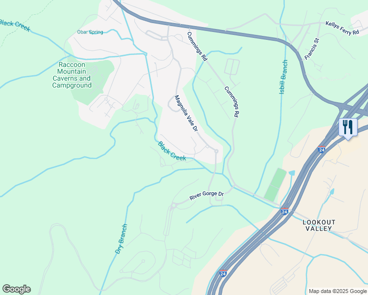 map of restaurants, bars, coffee shops, grocery stores, and more near 718 Black Creek Drive in Chattanooga