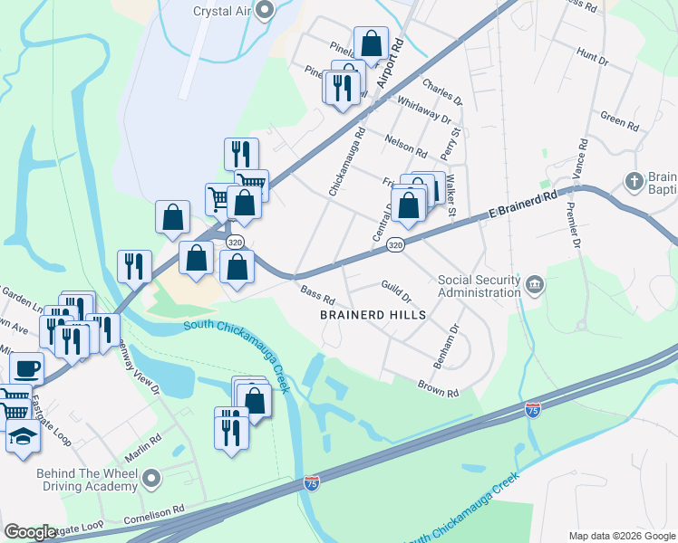 map of restaurants, bars, coffee shops, grocery stores, and more near 6150 East Brainerd Road in Chattanooga