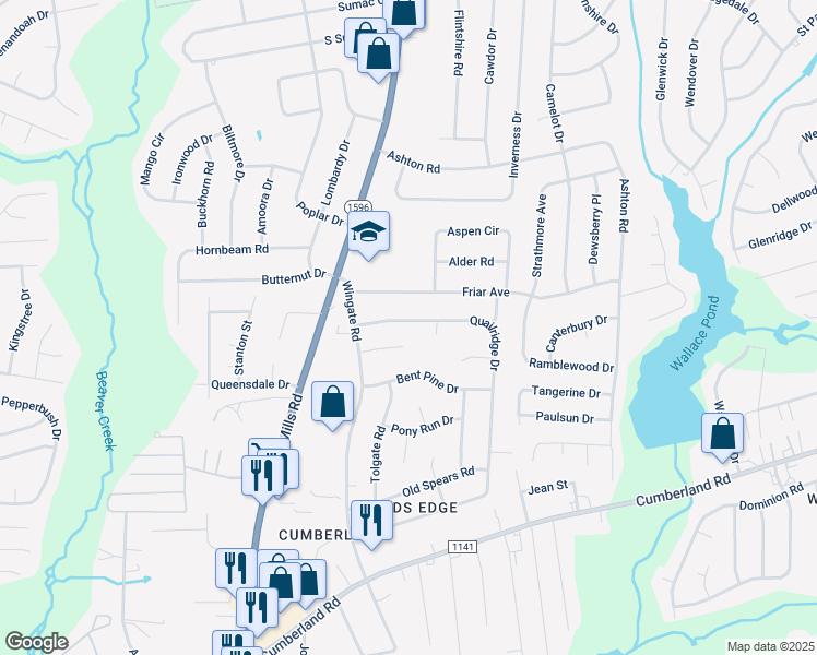 map of restaurants, bars, coffee shops, grocery stores, and more near 2116 Quailridge Drive in Fayetteville