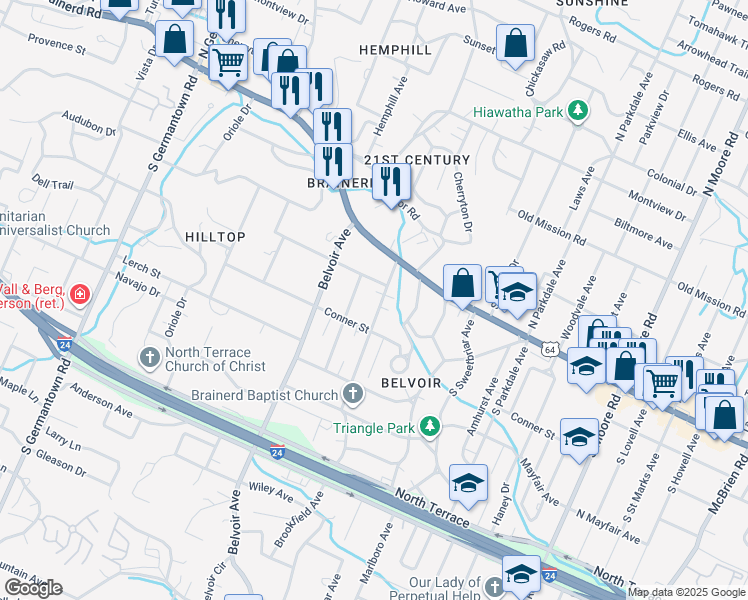 map of restaurants, bars, coffee shops, grocery stores, and more near 105 Brookfield Avenue in Chattanooga