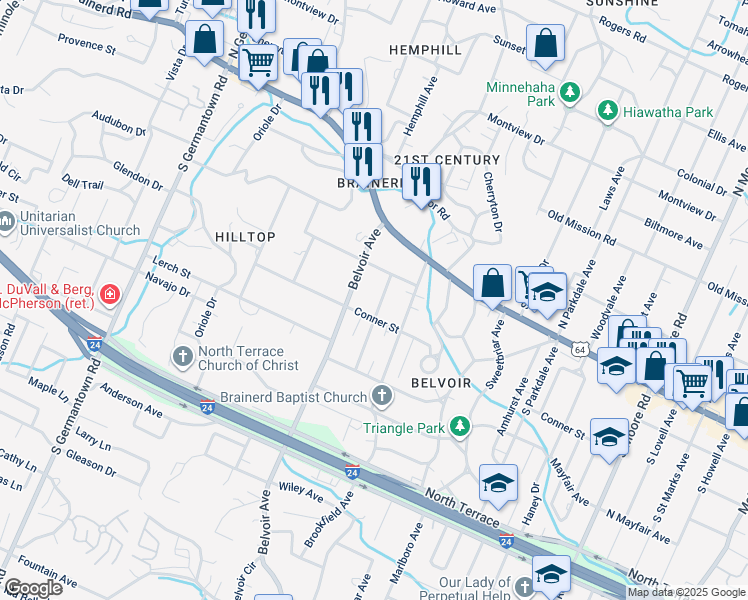 map of restaurants, bars, coffee shops, grocery stores, and more near 109 Thornton Avenue in Chattanooga