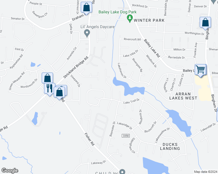 map of restaurants, bars, coffee shops, grocery stores, and more near 2078 Lothbury Drive in Fayetteville