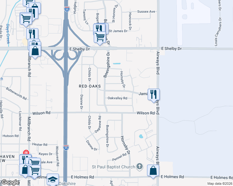 map of restaurants, bars, coffee shops, grocery stores, and more near 2045 Jamie Drive in Memphis