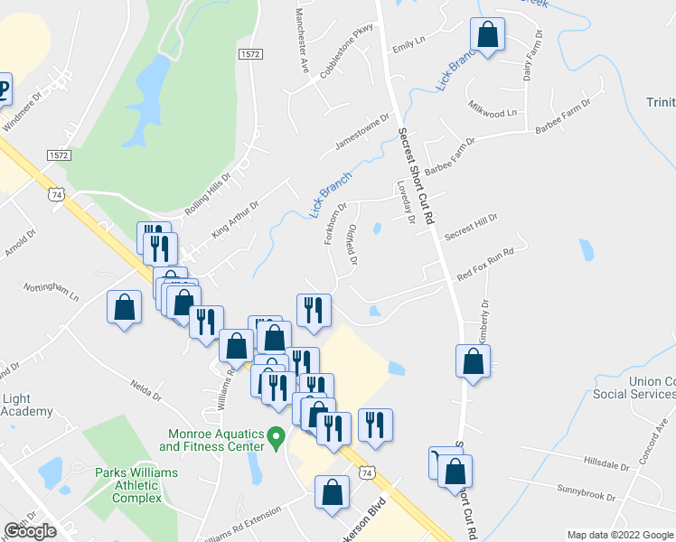 map of restaurants, bars, coffee shops, grocery stores, and more near 2703 Secrest Short Cut Road in Monroe